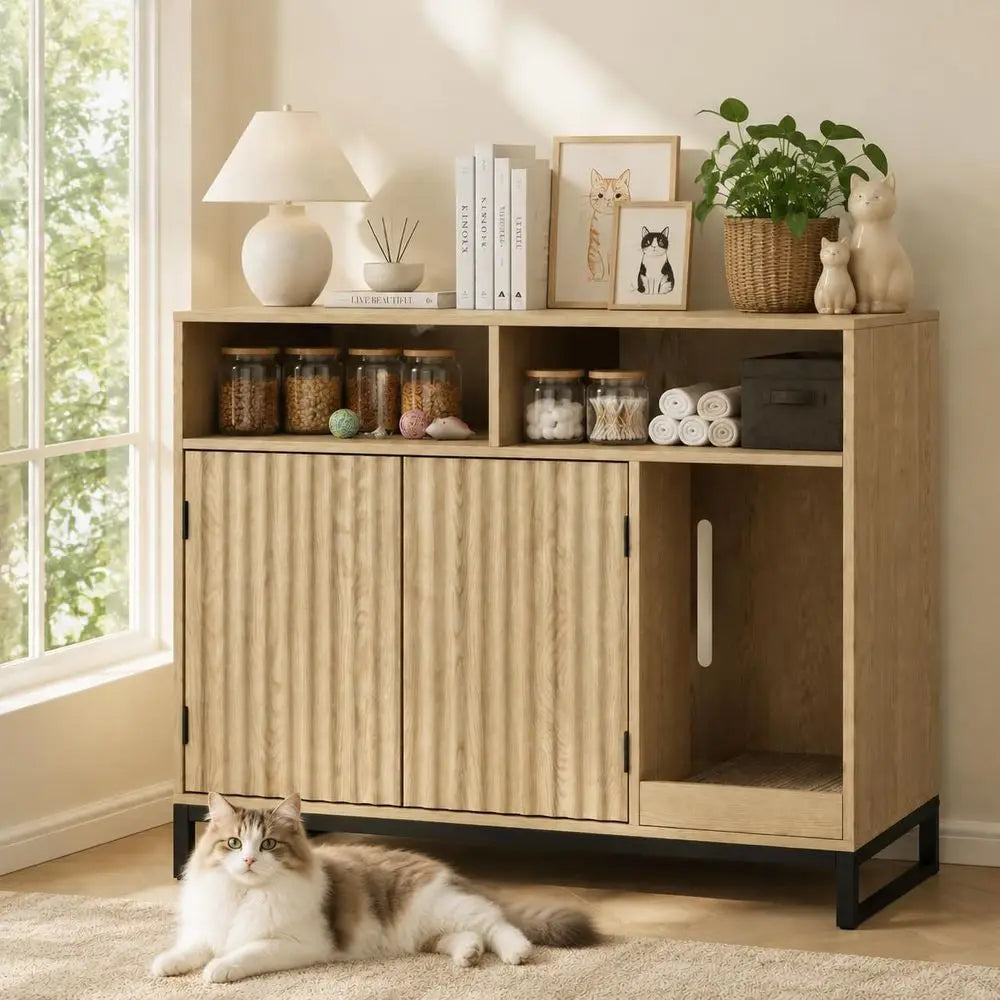 Cat Litter Box Enclosure With Hidden Storage And Scratching Pad
