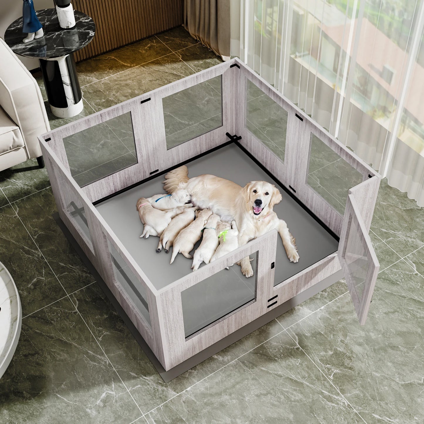 BINGOPAW Tempered Glass Dog Playpen For Indoor Whelping Pen