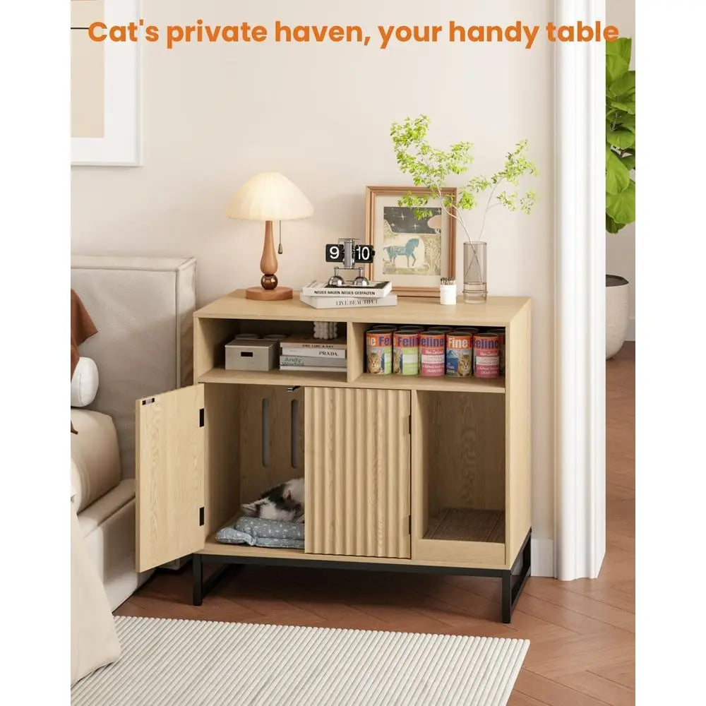 Cat Litter Box Enclosure With Hidden Storage And Scratching Pad