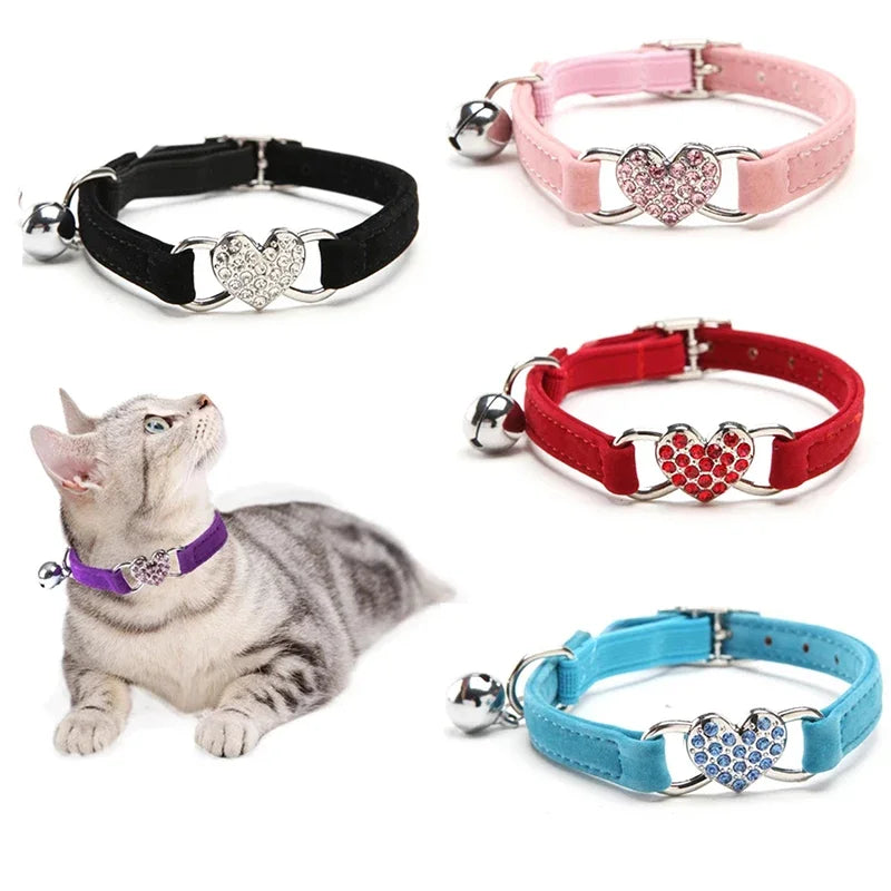 Heart Charm Cat Collar With Bell Elastic Adjustable Velvet