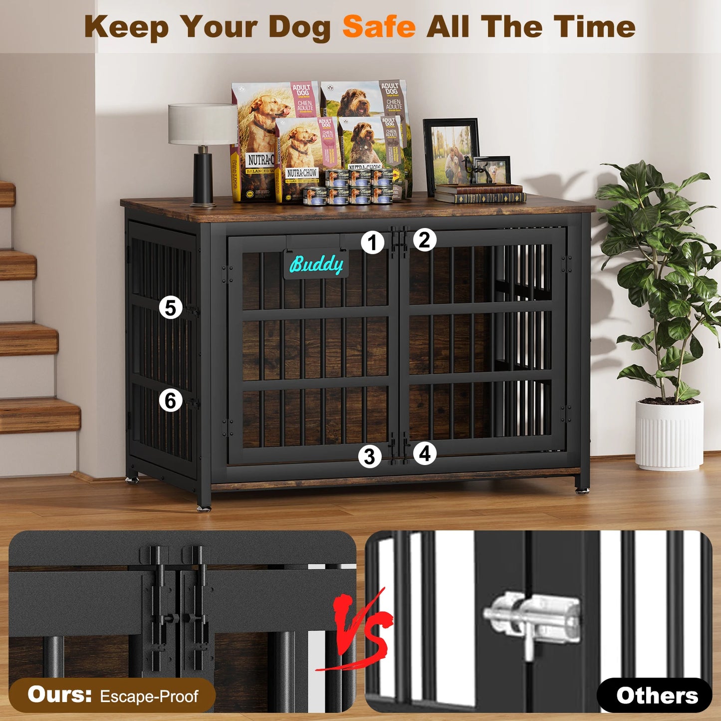 Heavy Duty Metal Wood Dog Crate Furniture with Casters
