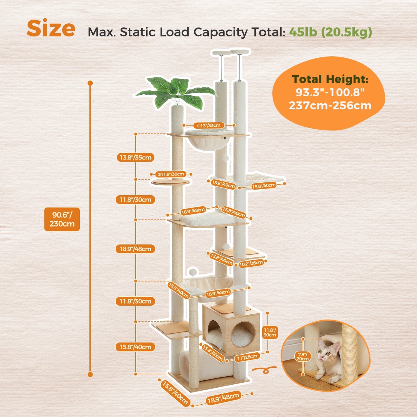 PAWZ Road Height Adjustable Wooden Cat Tree With Hammock And Sisal Posts