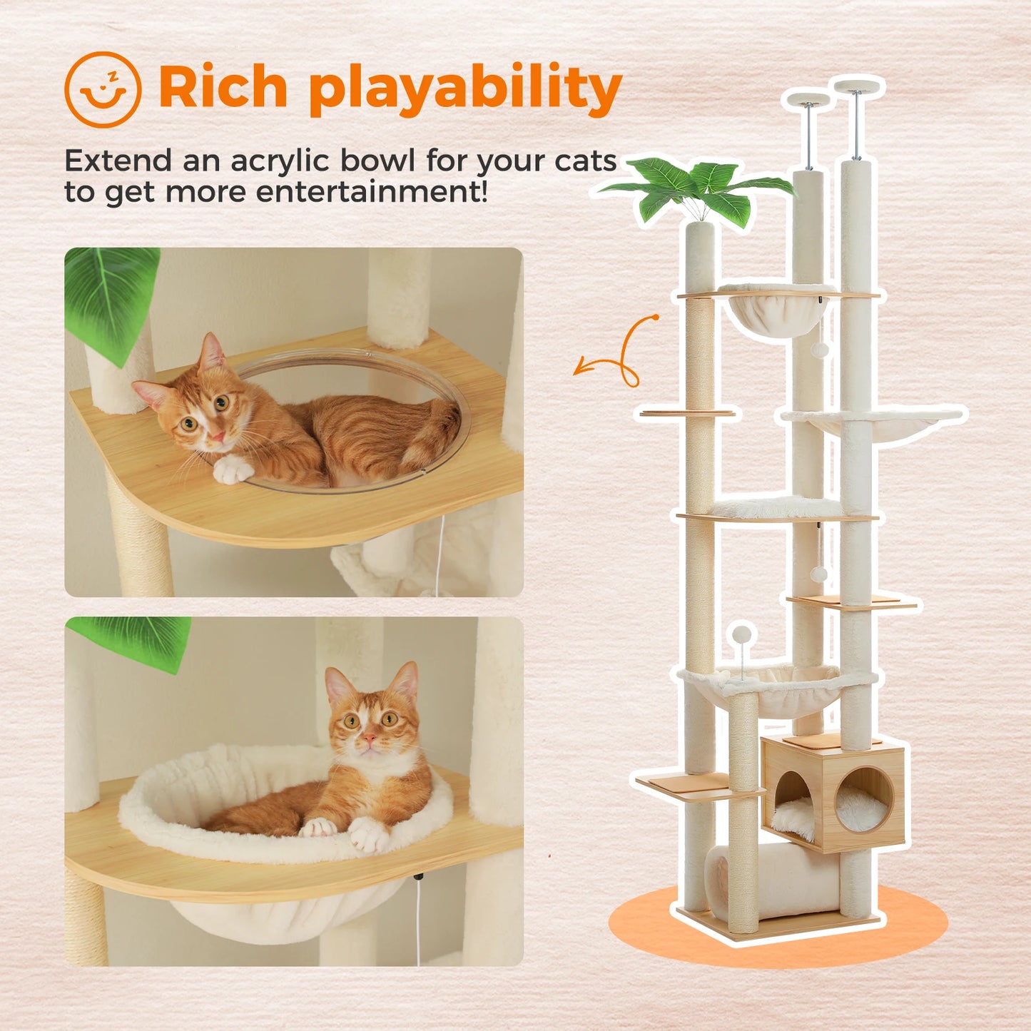 PAWZ Road Height Adjustable Wooden Cat Tree With Hammock And Sisal Posts