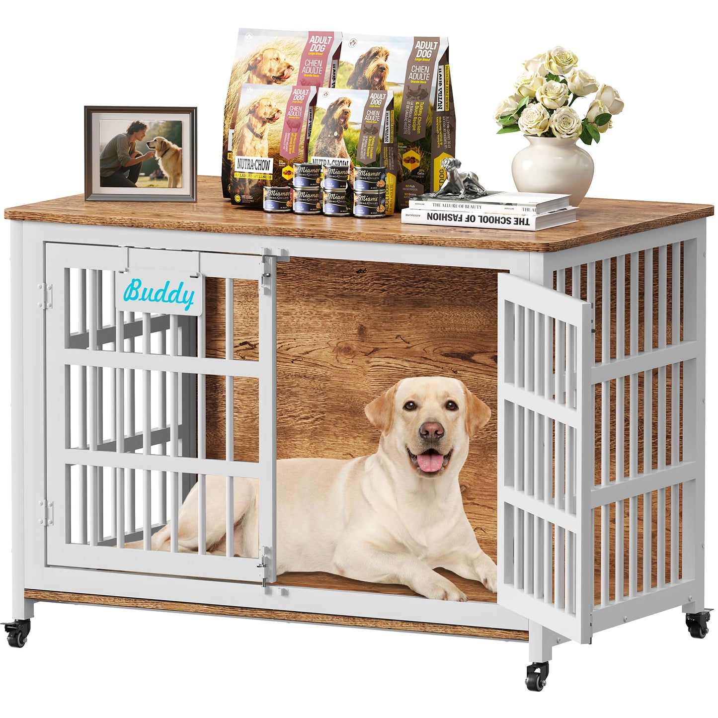 Heavy Duty Metal Wood Dog Crate Furniture with Casters