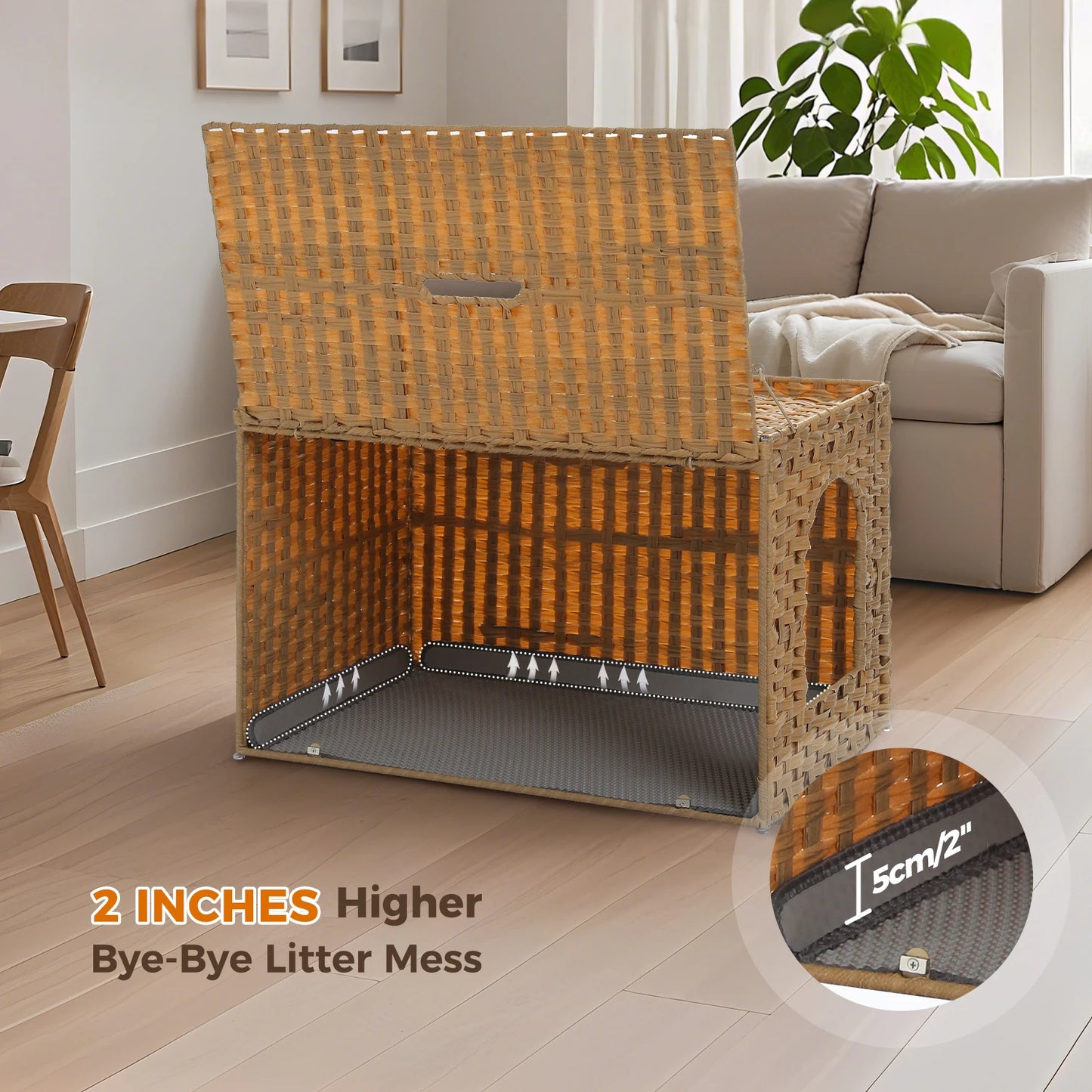 PEQULTI Rattan Cat Litter Box Enclosure With Tall Doorway