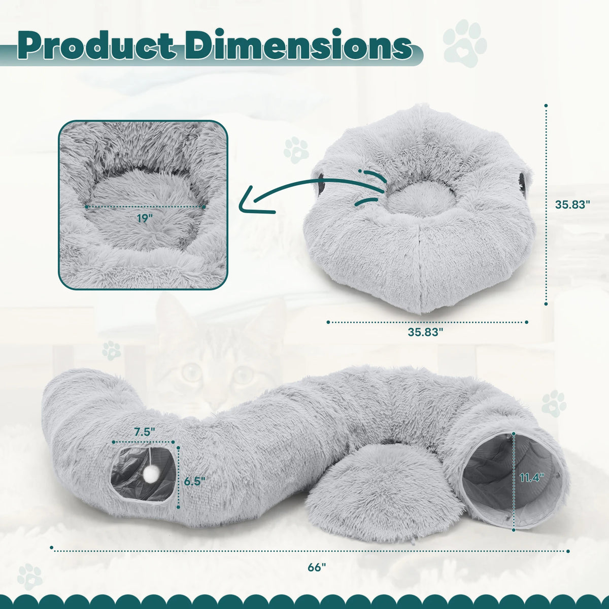 JHK Soft Plush Cat Tunnel Bed Indoor Doughnut Playground