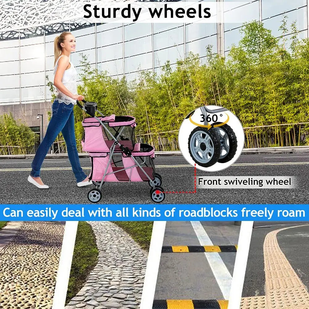 Double Pet Stroller With Carrier And Cup Holder For Travel