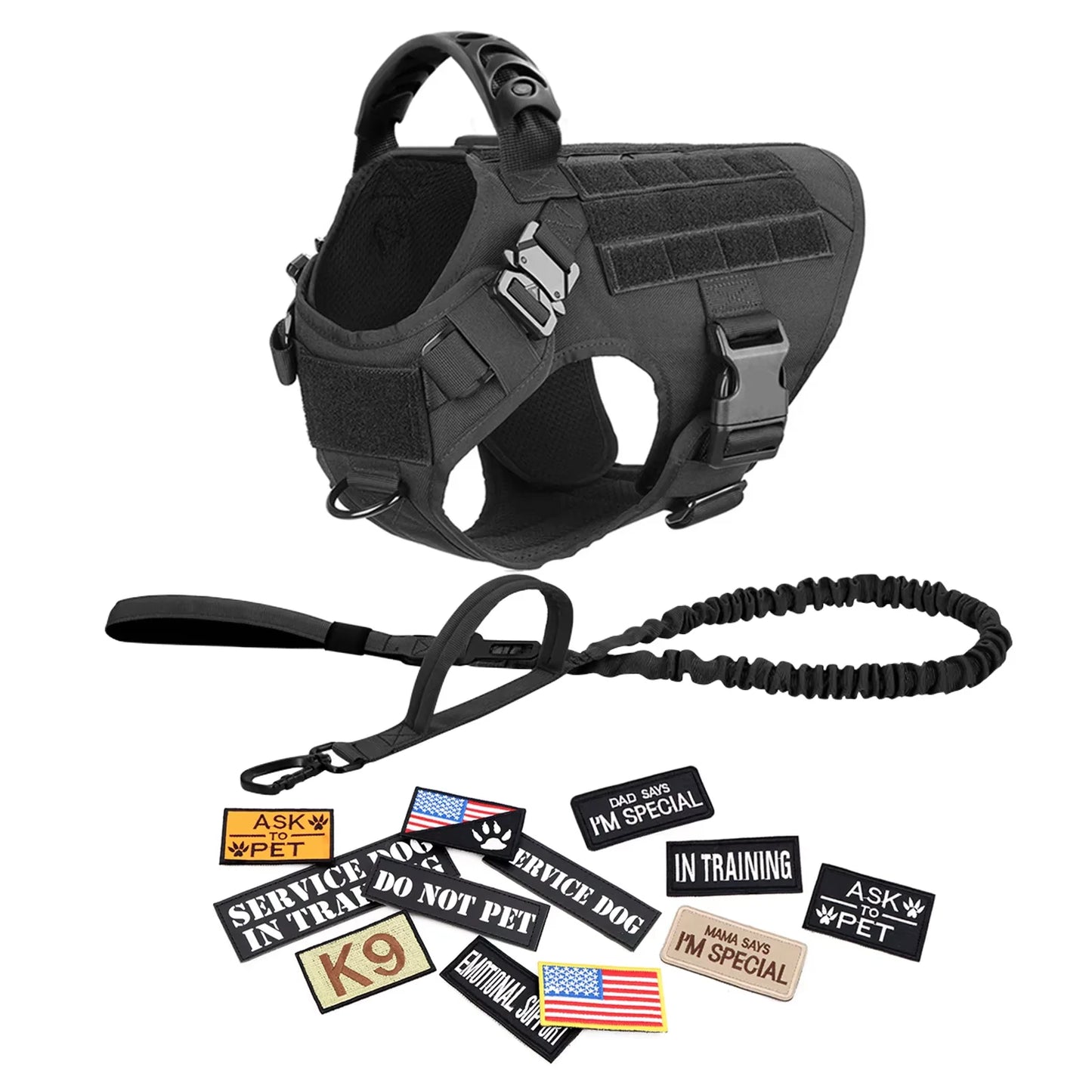 Nylon Military Dog Harness Vest Set With Leash Malinois Patches
