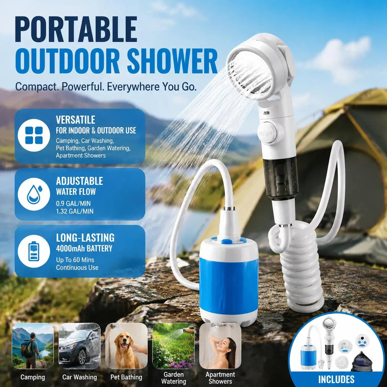 Portable Rechargeable Handheld Shower Sprayer For Pets Cars And Gardens