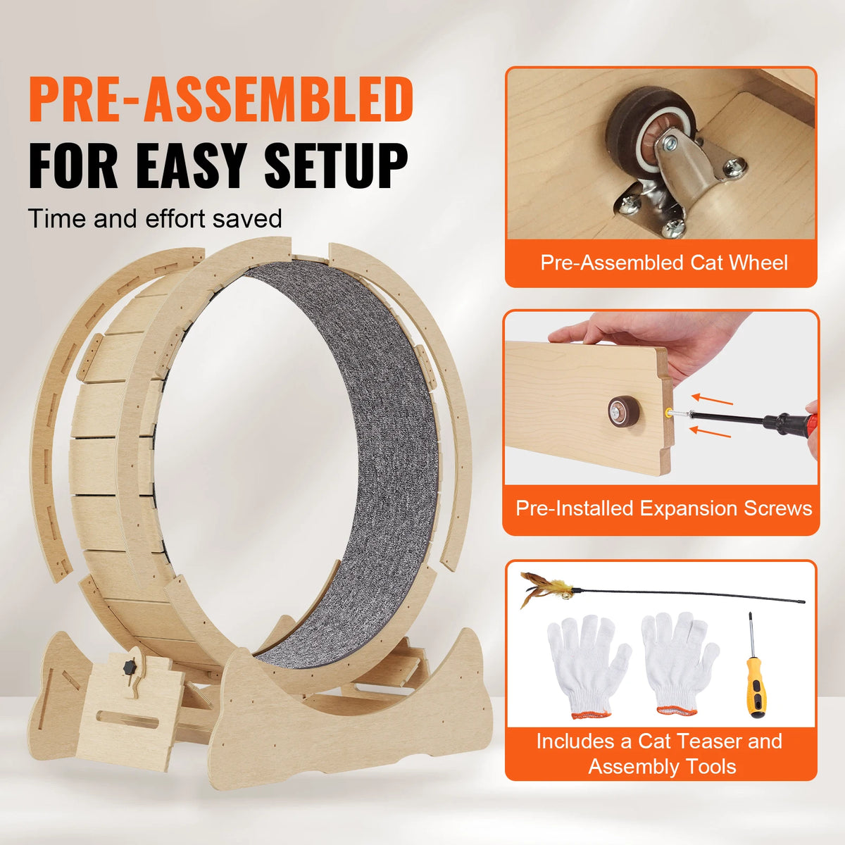 Wooden Indoor Cat Exercise Wheel With Detachable Carpet Toy